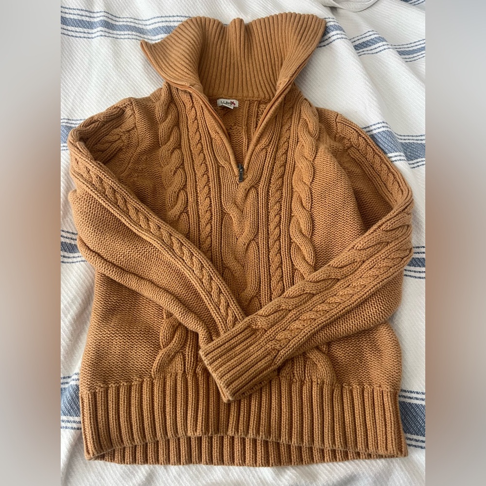 L.L. Bean Camel Cable Knit Quarter Zip Sweater